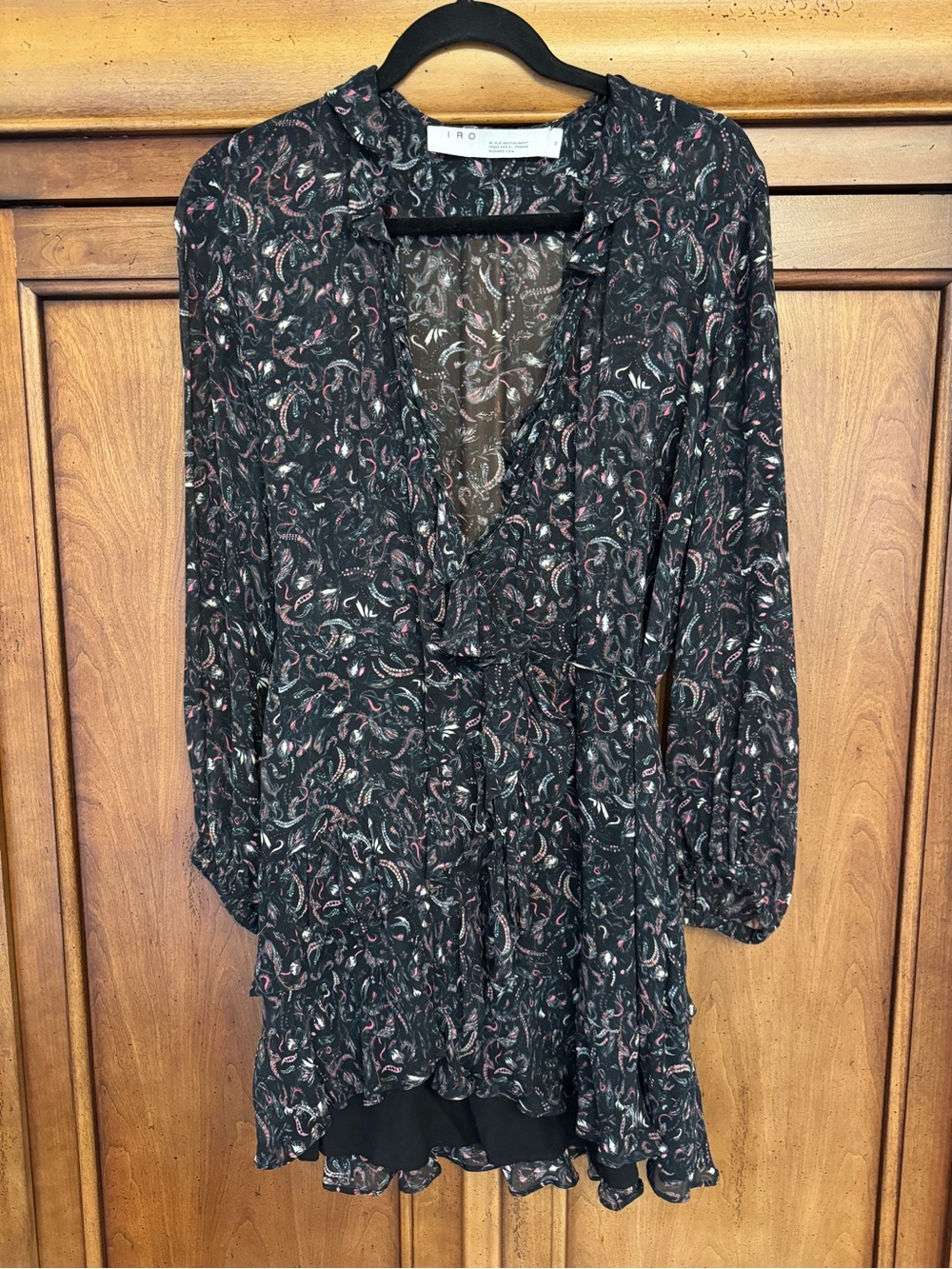 IRO Black Floral Print Long Sleeve Mini Wrap Dress